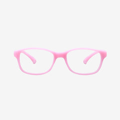 Lenslott pink youth flexible rectangle glasses with an adjustable elastic comfort strap, shown from the front view on a clean white background.