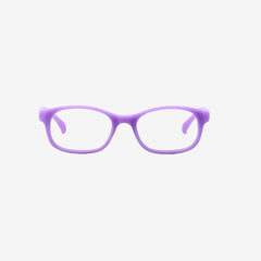 Lenslott purple kids flexible rectangle glasses with a 100% screwless safety design, including a detachable purple elastic headband, shown from the front view.
