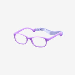 Lenslott purple kids flexible rectangle glasses with a 100% screwless safety design, including a detachable purple elastic headband, shown from the front view.
