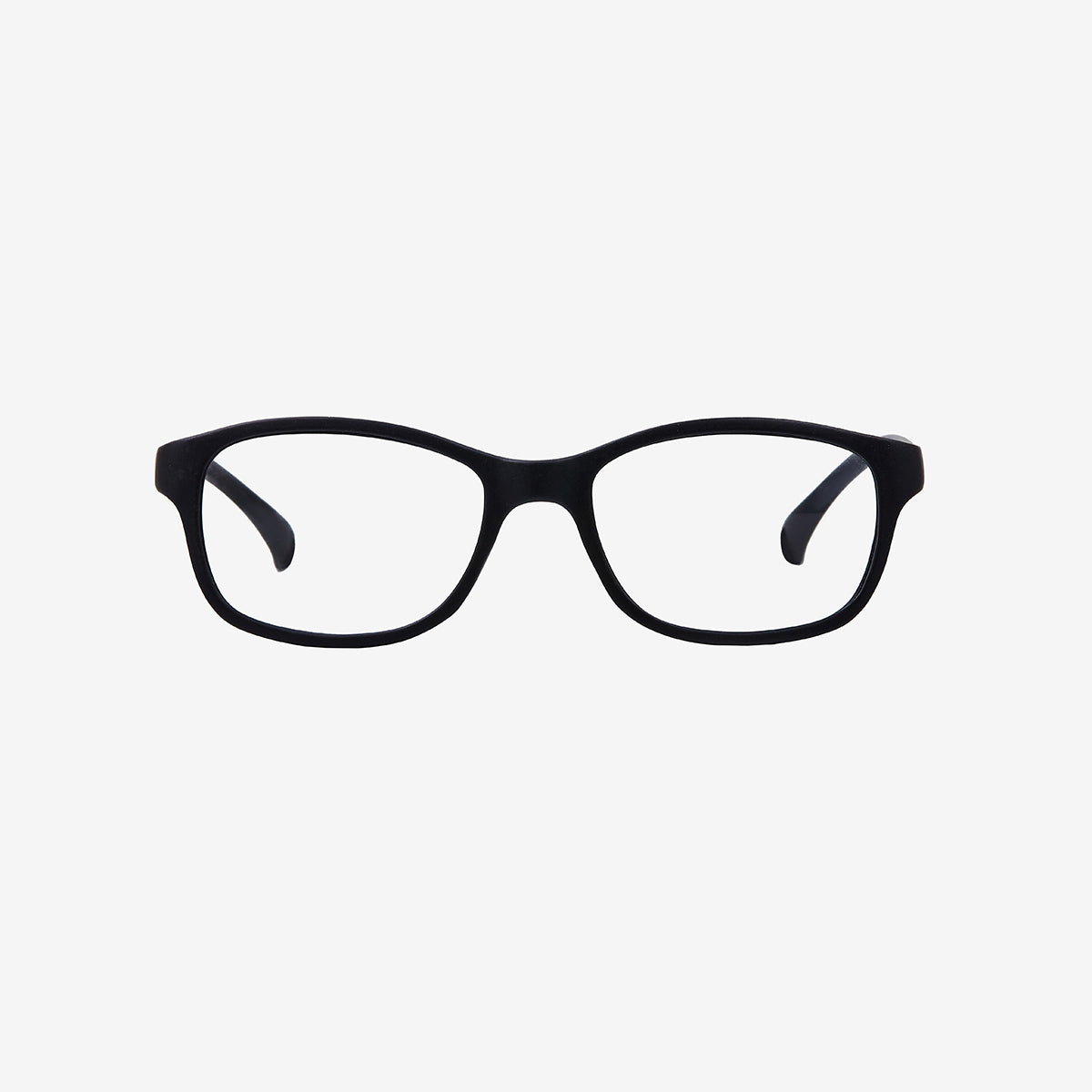 Lenslott black youth flexible rectangle glasses with an adjustable elastic comfort strap, shown from the front view on a clean white background.
