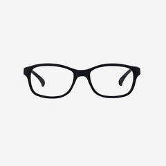 Lenslott black youth flexible rectangle glasses with an adjustable elastic comfort strap, shown from the front view on a clean white background.
