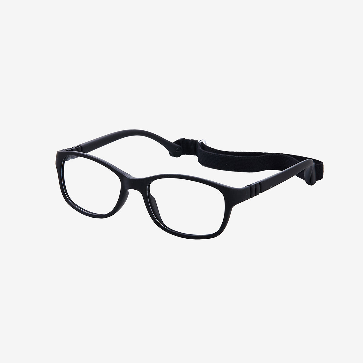 Lenslott black youth flexible rectangle glasses with an adjustable elastic comfort strap, shown from the side view on a clean white background.
