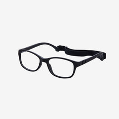 Lenslott black youth flexible rectangle glasses with an adjustable elastic comfort strap, shown from the side view on a clean white background.
