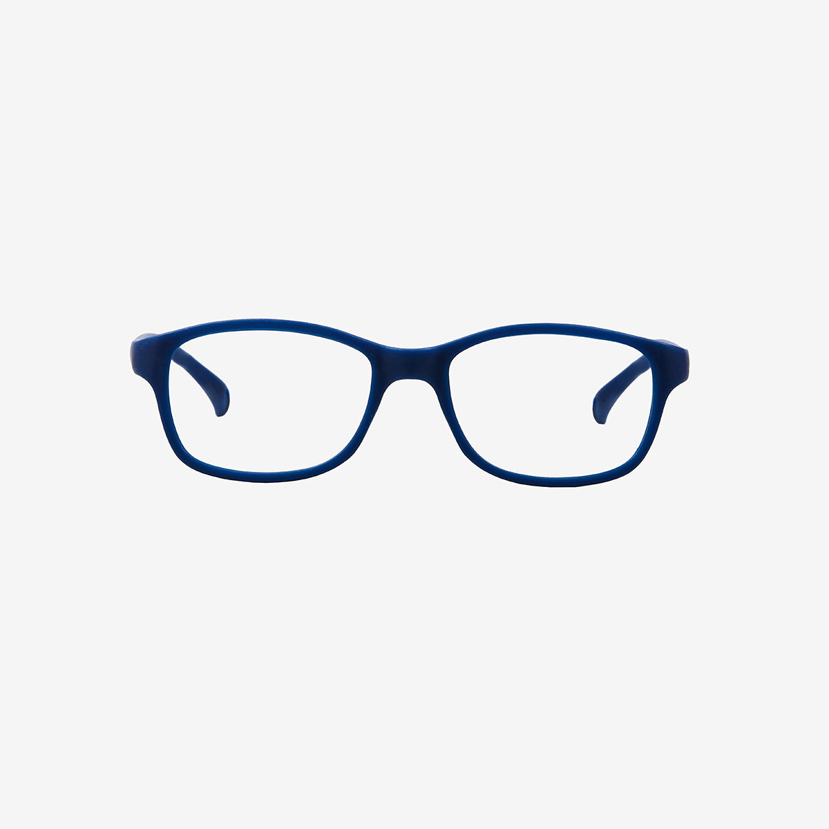 Lenslott navy youth flexible rectangle glasses with an adjustable elastic comfort strap, shown from the front view on a clean white background.
