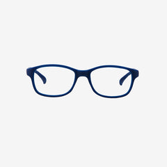 Lenslott navy youth flexible rectangle glasses with an adjustable elastic comfort strap, shown from the front view on a clean white background.
