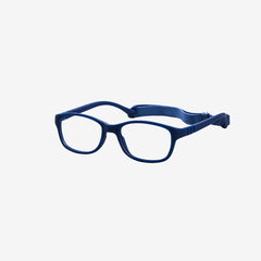 Lenslott navy youth flexible rectangle glasses with an adjustable elastic comfort strap, shown from the side view on a clean white background.
