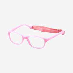 Lenslott pink youth flexible rectangle glasses with an adjustable elastic comfort strap, shown from the side view on a clean white background.
