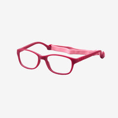 Lenslott rose youth flexible rectangle glasses with an adjustable elastic comfort strap, shown from the side view on a clean white background.
