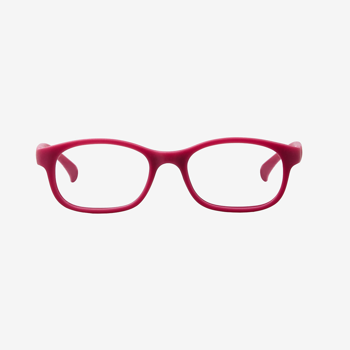 Lenslott rose pink kids flexible rectangle glasses with a 100% screwless safety design, including a detachable pink elastic headband, shown from the front view.