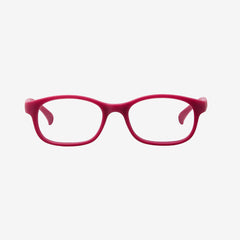 Lenslott rose pink kids flexible rectangle glasses with a 100% screwless safety design, including a detachable pink elastic headband, shown from the front view.