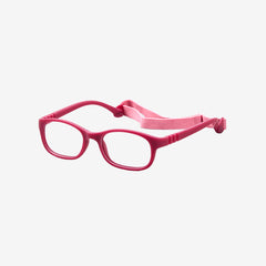 Lenslott rose pink kids flexible rectangle glasses with a 100% screwless safety design, including a detachable pink elastic headband, shown from the side view.
