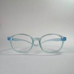 PureFlex kids flexible glasses in translucent jelly blue silicone material, showcasing the specialized wrap-around curved temple arms for ages 7-9. Front view.