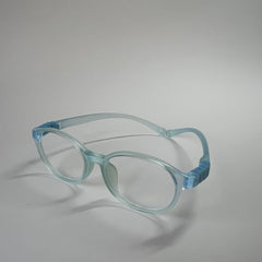 PureFlex kids flexible glasses in translucent jelly blue silicone material, showcasing the specialized wrap-around curved temple arms for ages 7-9. Side view.