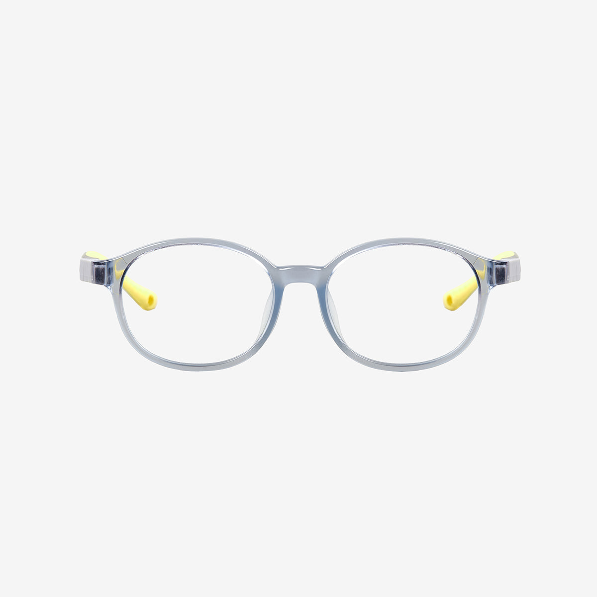 PureFlex kids flexible glasses in translucent jelly grey silicone material, showcasing the specialized wrap-around curved temple arms for ages 7-9.