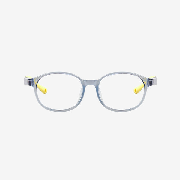 PureFlex kids flexible glasses in translucent jelly grey silicone material, showcasing the specialized wrap-around curved temple arms for ages 7-9.
