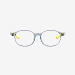 PureFlex kids flexible glasses in translucent jelly grey silicone material, showcasing the specialized wrap-around curved temple arms for ages 7-9.