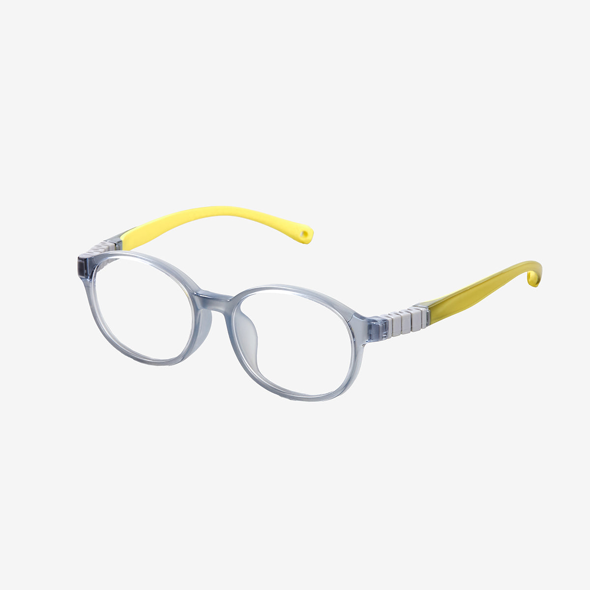 PureFlex kids flexible glasses in translucent jelly grey silicone material, showcasing the specialized wrap-around curved temple arms for ages 7-9. Side view.