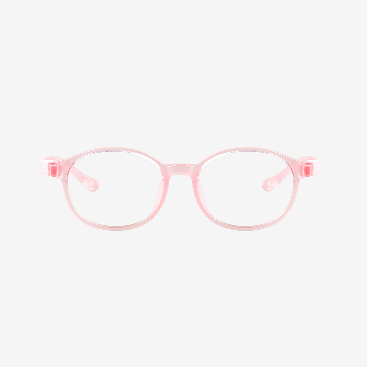 PureFlex kids flexible glasses in translucent jelly pink silicone material, showcasing the specialized wrap-around curved temple arms for ages 7-9. Front view.