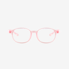 PureFlex kids flexible glasses in translucent jelly pink silicone material, showcasing the specialized wrap-around curved temple arms for ages 7-9. Front view.