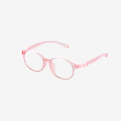 PureFlex kids flexible glasses in translucent jelly pink silicone material, showcasing the specialized wrap-around curved temple arms for ages 7-9. Side view.