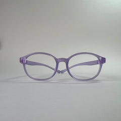 PureFlex kids flexible glasses in translucent jelly purple silicone material, showcasing the specialized wrap-around curved temple arms for ages 7-9. Front view.