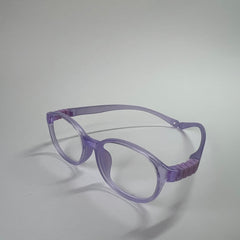 PureFlex kids flexible glasses in translucent jelly purple silicone material, showcasing the specialized wrap-around curved temple arms for ages 7-9. Side view.