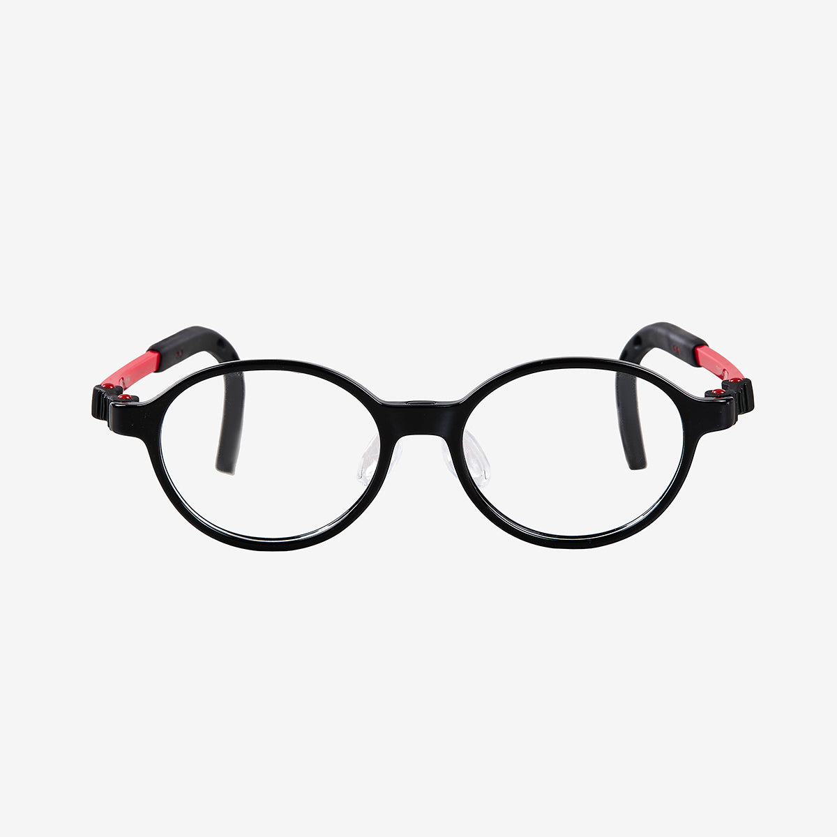 Black and red round kids prescription glasses with adjustable nose pads and flexible durable frame for children ages 4-6, front view.

