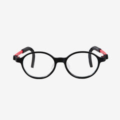 Black and red round kids prescription glasses with adjustable nose pads and flexible durable frame for children ages 4-6, front view.
