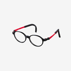 Black and red round kids prescription glasses with adjustable nose pads and flexible durable frame for children ages 4-6, side view.
