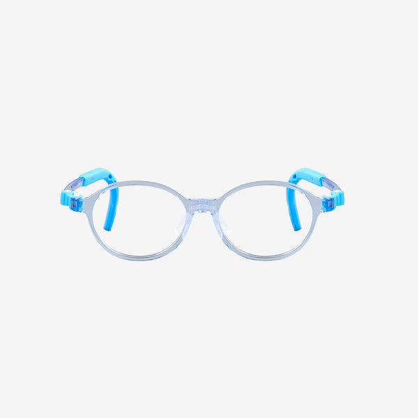 Blue round kids prescription glasses with adjustable nose pads and flexible durable frame for children ages 4-6, front view.