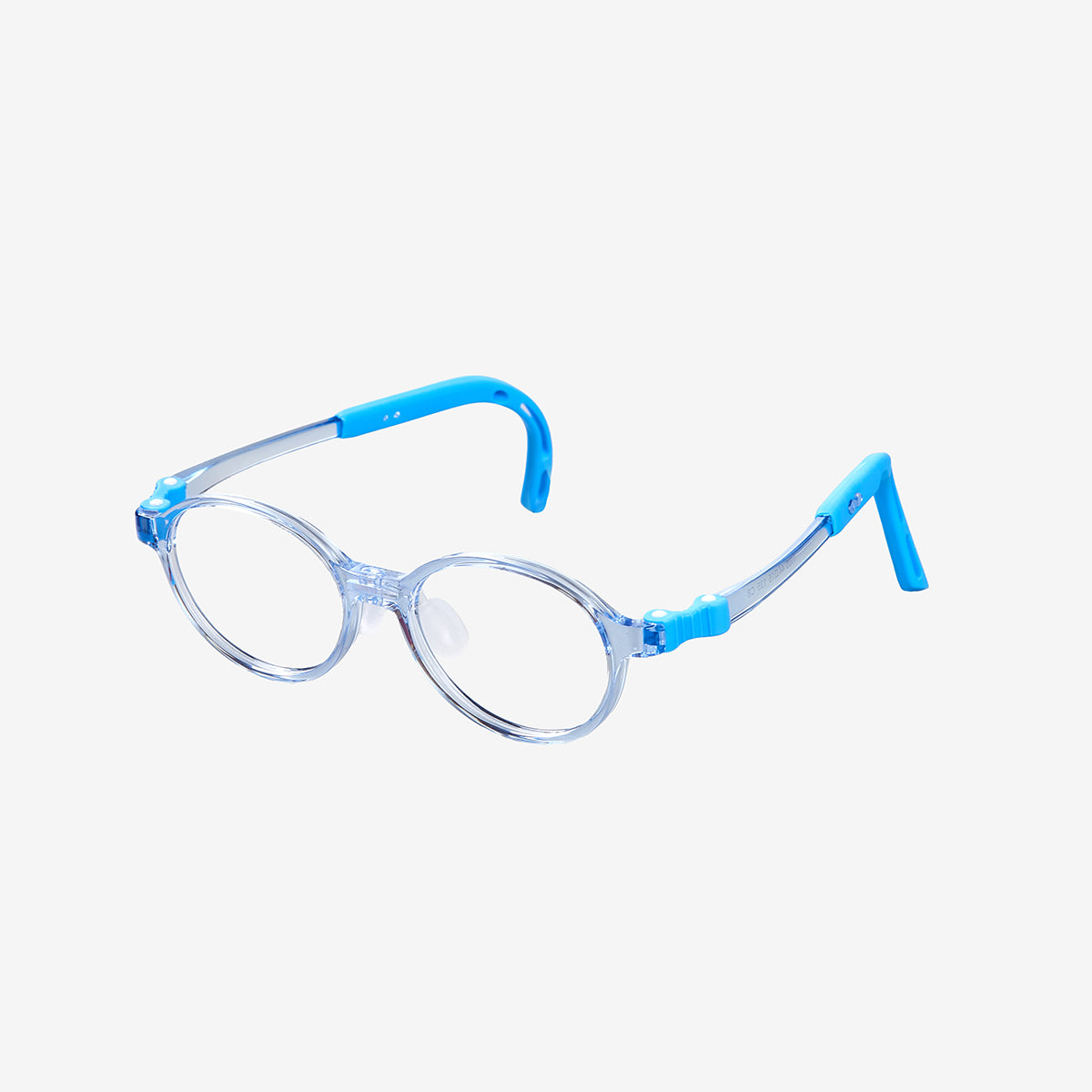 Blue round kids prescription glasses with adjustable nose pads and flexible durable frame for children ages 4-6, side view.
