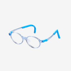 Blue round kids prescription glasses with adjustable nose pads and flexible durable frame for children ages 4-6, side view.
