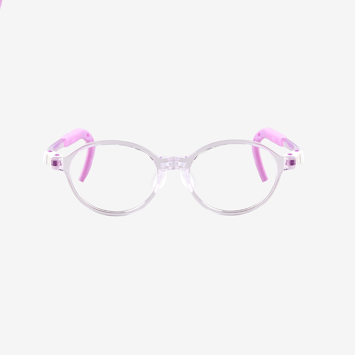 Pink round kids prescription glasses with adjustable nose pads and flexible durable frame for children ages 4-6, front view.
