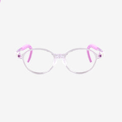 Pink round kids prescription glasses with adjustable nose pads and flexible durable frame for children ages 4-6, front view.
