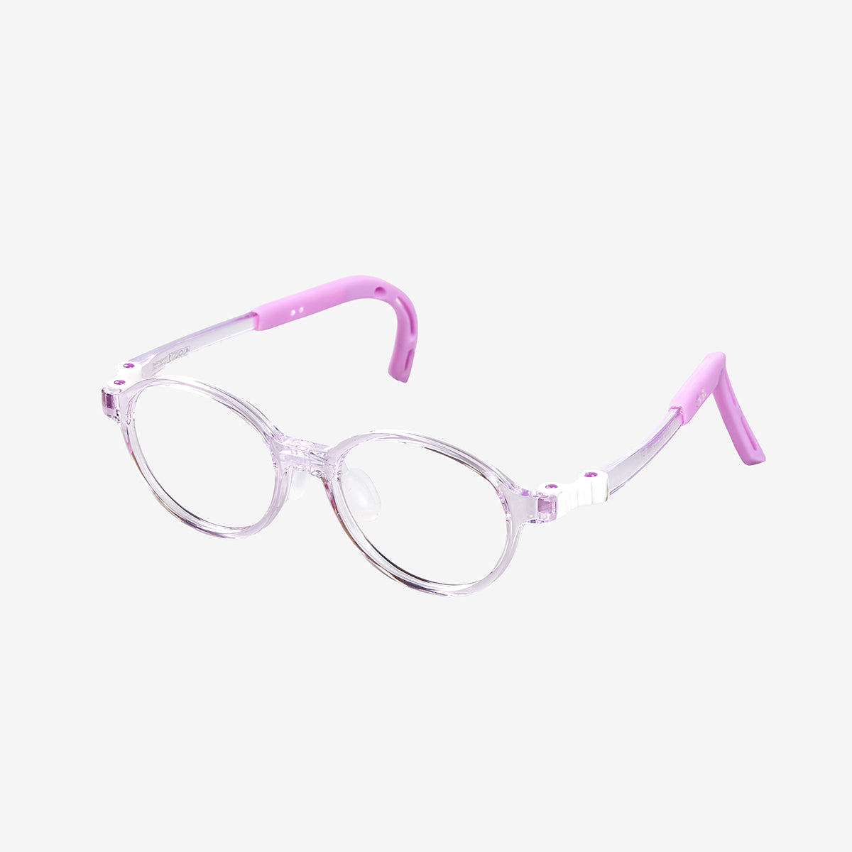 Pink round kids prescription glasses with adjustable nose pads and flexible durable frame for children ages 4-6, side view.
