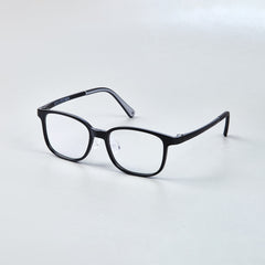 MiniMuse crystal grey square kids prescription glasses with adjustable temple tips. Side view.
