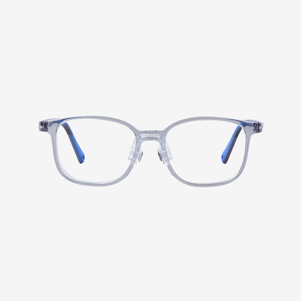 MiniMuse crystal grey square kids prescription glasses with adjustable blue temple tips. Front view.