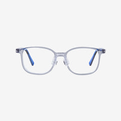 MiniMuse crystal grey square kids prescription glasses with adjustable blue temple tips. Front view.