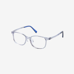 MiniMuse crystal grey square kids prescription glasses with adjustable blue temple tips. Side view.
