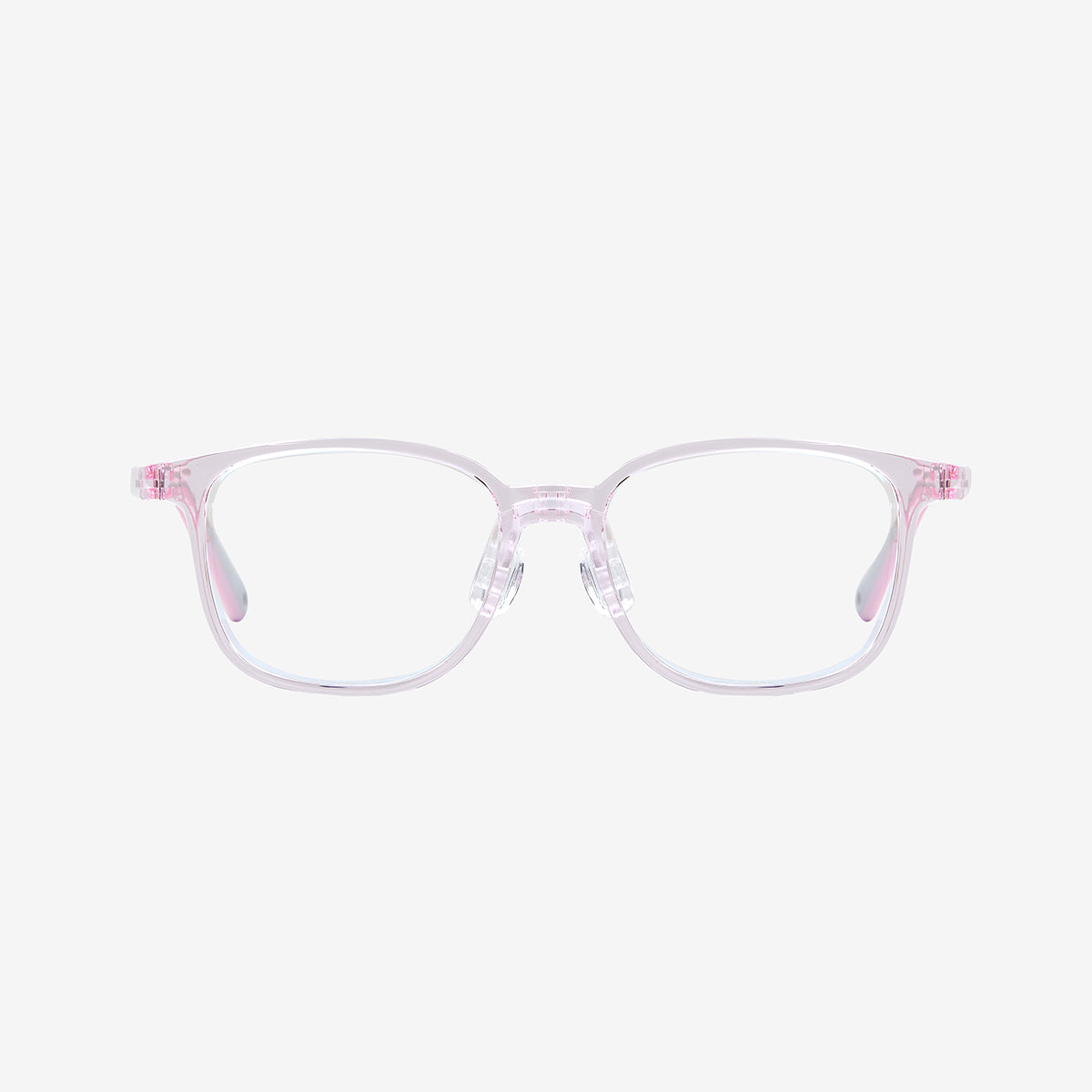MiniMuse crystal pink square kids prescription glasses with adjustable temple tips. Front view.
