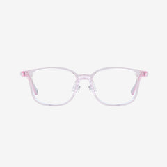 MiniMuse crystal pink square kids prescription glasses with adjustable temple tips. Front view.
