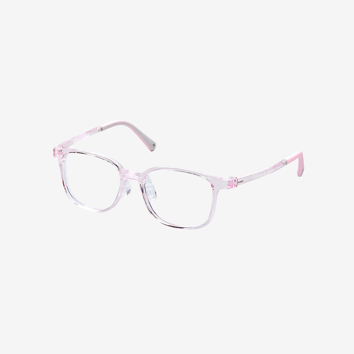 MiniMuse crystal pink square kids prescription glasses with adjustable temple tips. Side view.
