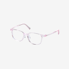 MiniMuse crystal pink square kids prescription glasses with adjustable temple tips. Side view.
