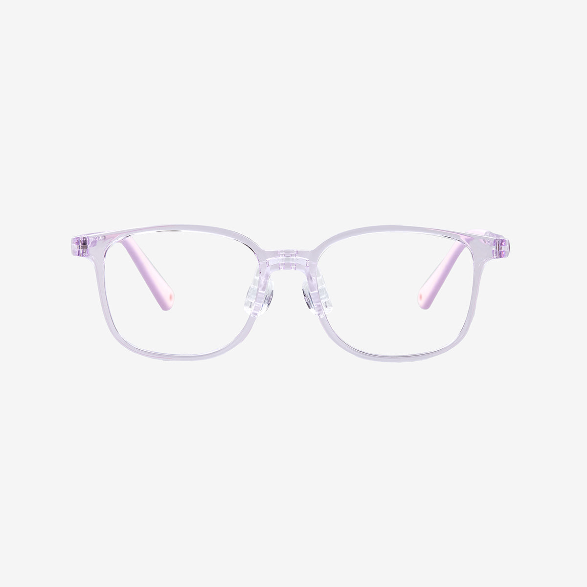MiniMuse crystal purple square kids prescription glasses with adjustable temple tips. Front view.
