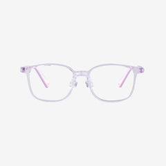 MiniMuse crystal purple square kids prescription glasses with adjustable temple tips. Front view.
