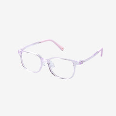 MiniMuse crystal purple square kids prescription glasses with adjustable temple tips. Side view.
