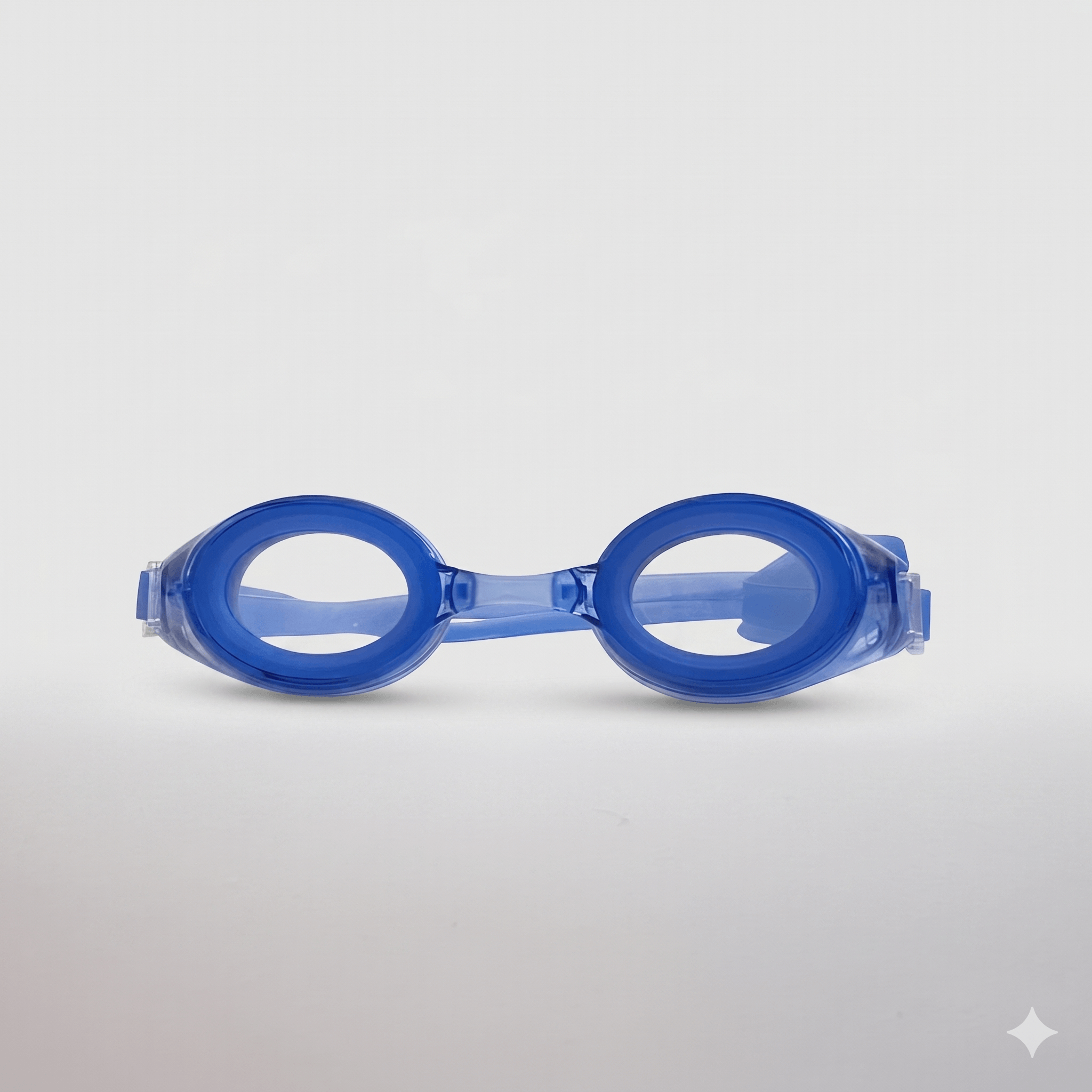 Clear blue kids prescription swim goggles featuring soft leakproof silicone seals and a split head strap for children's optical eye protection in the pool.