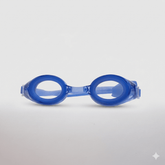 Clear blue kids prescription swim goggles featuring soft leakproof silicone seals and a split head strap for children's optical eye protection in the pool.
