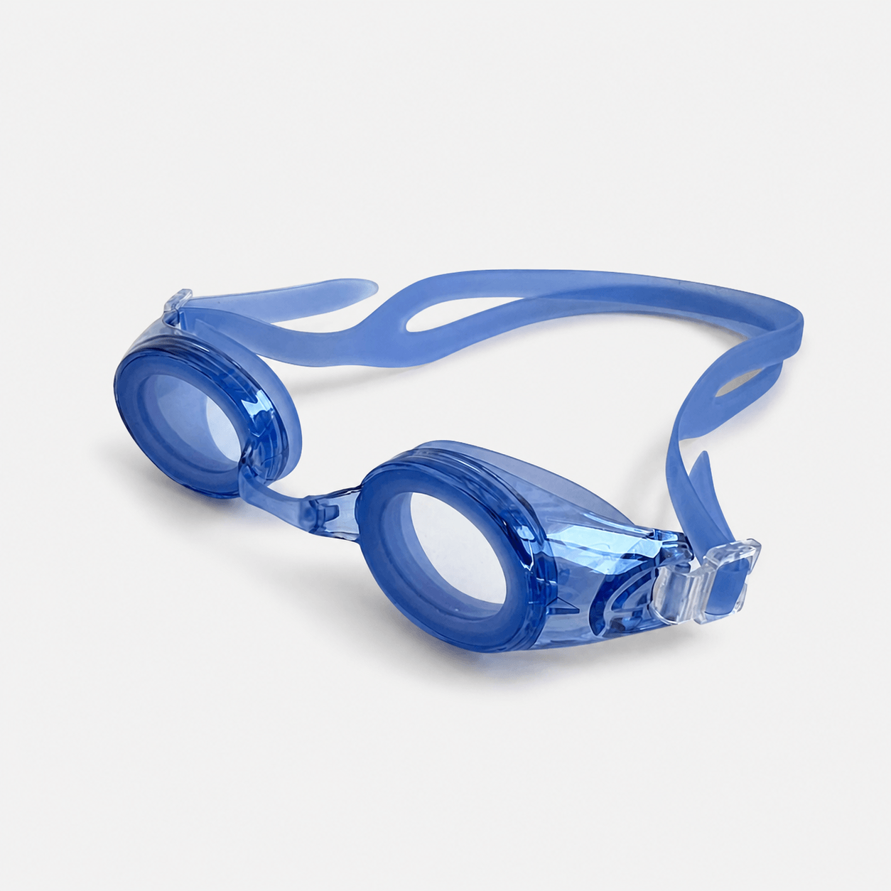 Clear blue kids prescription swim goggles featuring soft leakproof silicone seals and a split head strap for children's optical eye protection in the pool.