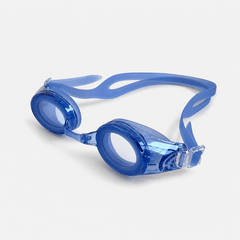 Clear blue kids prescription swim goggles featuring soft leakproof silicone seals and a split head strap for children's optical eye protection in the pool.